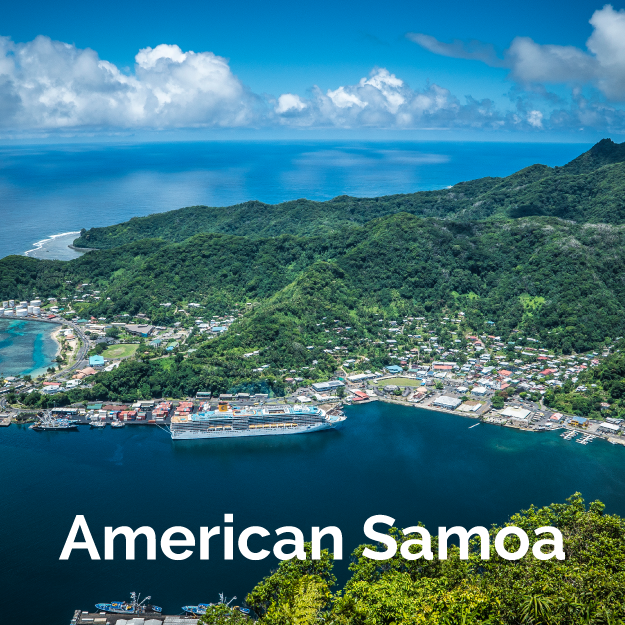 American Samoa view from the air onto the bay area with a Cruise ship.