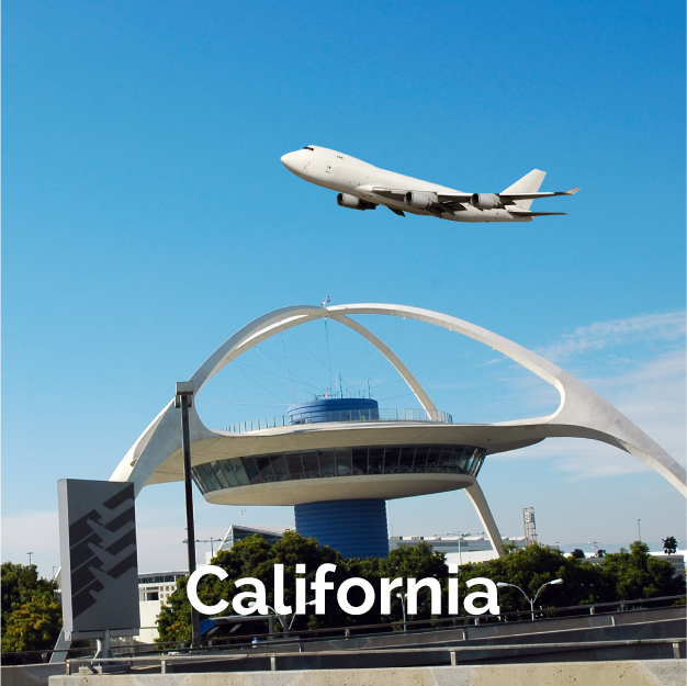 Los Angeles airport in California with an airplane taking off. 